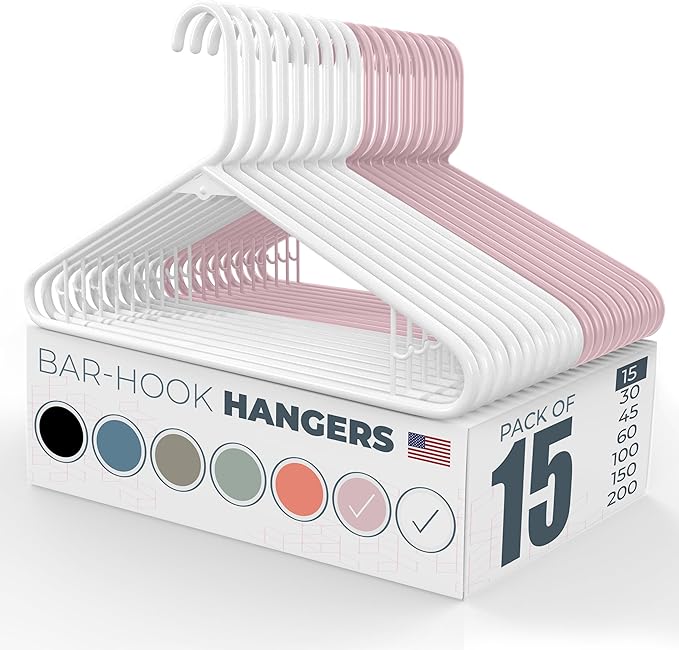 Plastic Hangers 15 Pack - Made in the USA - 6lb Capacity Standard Clothes Hangers with Strap Hooks for Dresses, Lingerie, Shirts, Pants, and Jackets - White & Pink