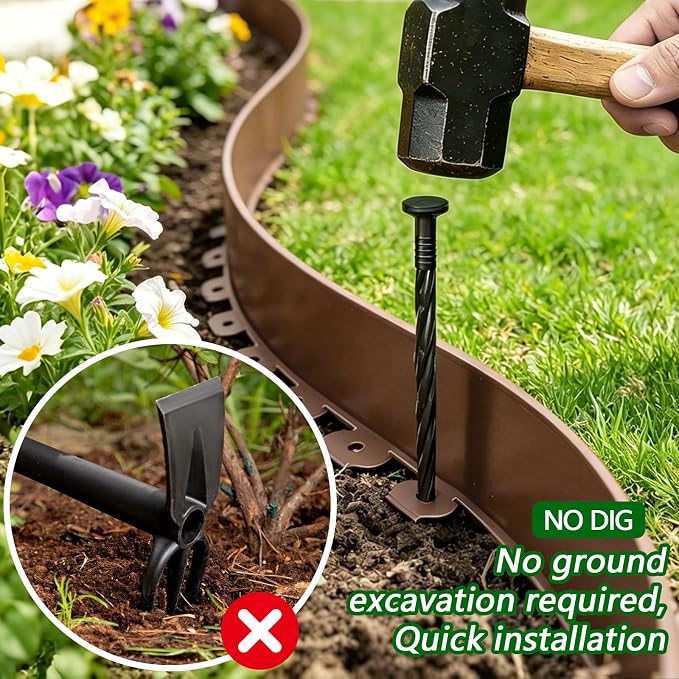 Garden Edging Border, 4In x 66 FT Landscape Edging with 100 Spikes, Brown | Plastic lawn edging, Tool-Free Installation, Flexible Landscaping Edging for Garden Flower Beds Yard Lawn Pathway Paver