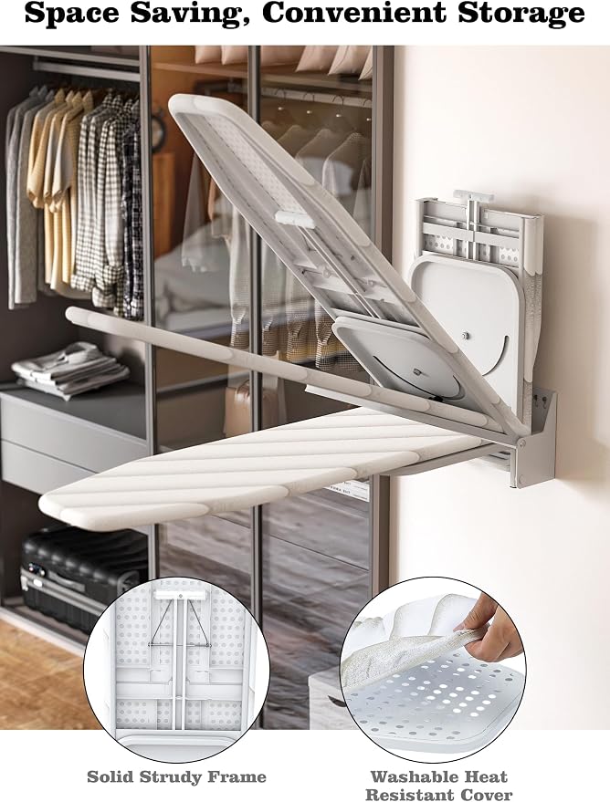 Nisorpa Wall Mounted Ironing Board 37.9" x 11.8", Compact Foldable Iron Board 180° Swivel, Space Saving Wall Ironing Board with Heat Resistant Cover for Laundry Room, Cloakroom, Apartment