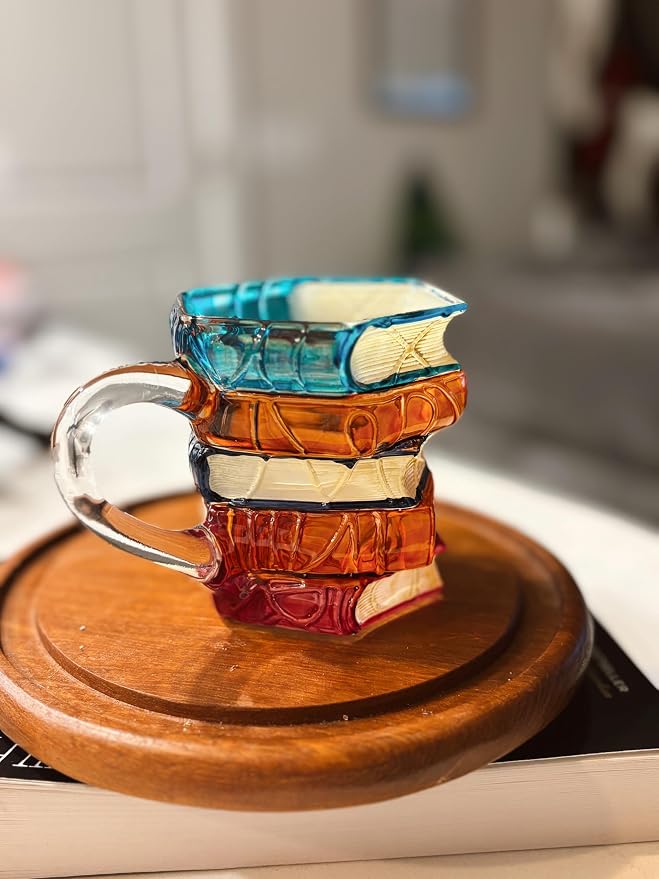 Book Mug Chapter Glass 3D Book Mugs Stained Glass Cup Gift for Women 7oz | Artistic Reading Coffee Cup with Stack Design, Unique Literary Birthday & Friendship Gifts for Women, Friends, Readers