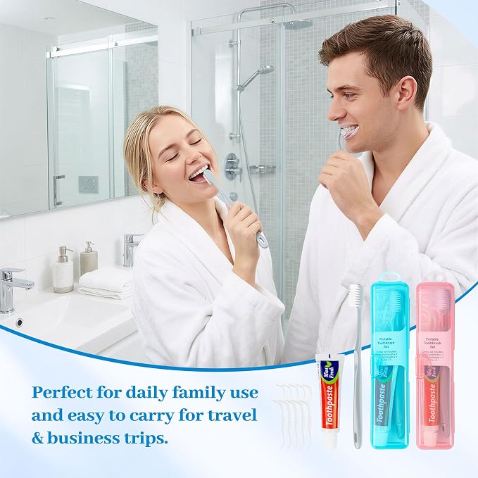 Travel Toothbrush Kit Includes Travel-Sized Toothbrushes, 25g Travel Toothpaste, 5 Floss Picks, a Travel Toothbrush Holder, Ideal for Home, Hotels (Blue, Pink, 10-Pack)