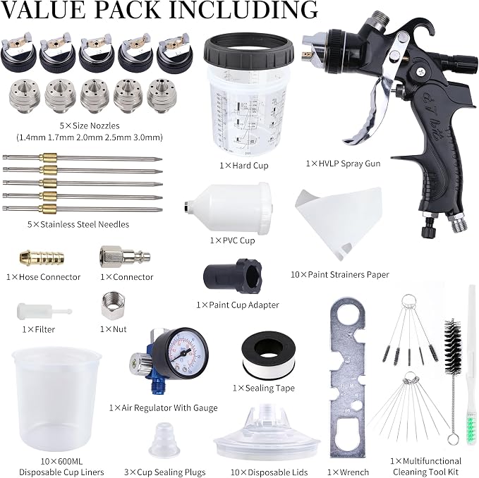 HVLP Spray Gun with 10Pcs 600ML Disposable Paint Cups, 5 Nozzles,1.4/1.7/2.0/2.5/3.0mm, Automotive Gravity Feed Paint Spray Gun Kit with Air Compressor Regulator for Auto (Black)