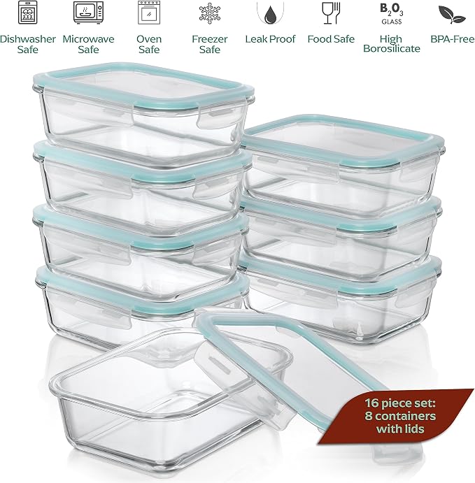 8 Pack 35 oz Glass Containers - Airtight, Microwave, Oven | Borosilicate, 1040 ml Capacity, Snap Lock Lids, Leakproof, Oven Safe 752 F, Freezer Safe, Microwave Safe, Dishwasher Safe