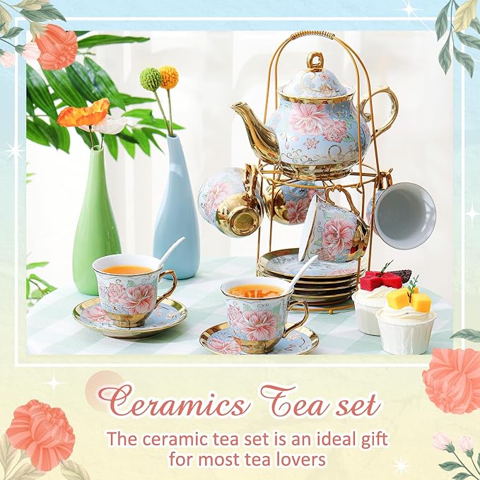 Zhehao 20 Pcs Porcelain Tea Set with Metal Holder and Spoon Adult Ceramic Tea Set European Flower Painting Teapot Cup Saucer Spoon for Women Mom Gift, Large Version (Vivid Style)