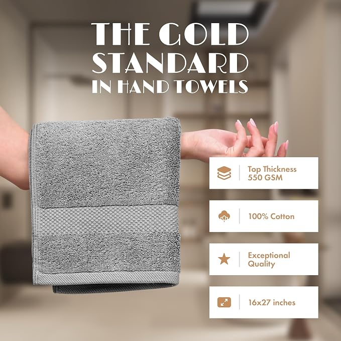 White Classic Light Gray Hand Towels for Bathroom [6 Pack] Cotton Hand Towel Bulk for Gym, Kitchen and Spa, 16x27 Inches Soft Highly Absorbent Quick Dry Terry Salon Towels
