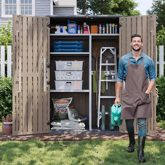 Aoxun 64 Cu.Ft Waterproof Resin Outdoor Shed with Floor & Shelving, Brown | Vertical waterproof storage cabinet with metal shelving kit, stores garden tools & pool equipment outdoors
