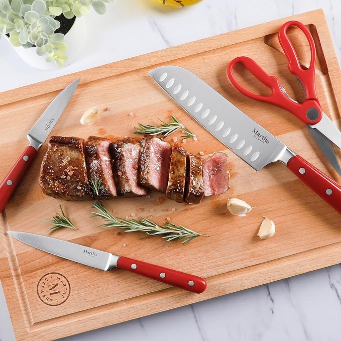 MARTHA STEWART Eastwalk 14 Piece High Carbon Staineless Steel Cutlery Knife Block Set w/ABS Triple Riveted Forged Handle Acacia Wood Block - Red