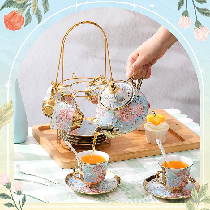 Zhehao 20 Pcs Porcelain Tea Set with Metal Holder and Spoon Adult Ceramic Tea Set European Flower Painting Teapot Cup Saucer Spoon for Women Mom Gift, Large Version (Vivid Style)