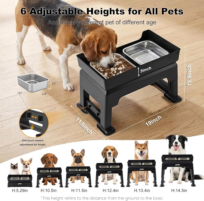 ZOMISIA Elevated Dog Bowls, 6 Height Adjustable Raised Dog Bowl Mess Proof | 3-in-1 Dog Bowl Stand, Double Deck Design, 2 Stainless Steel Bowls, Licking Plate, Feeding Station for Small Medium Large Pet