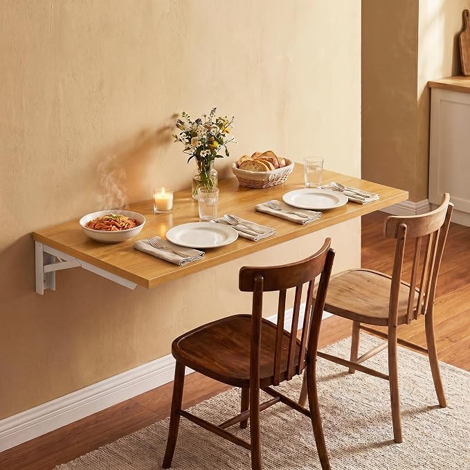Need 36x20IN Wall Mounted Folding Table for Office Laundry Teak | White Frame Fold Down Wall Mount Desk Folding Wall Table for Small Apartment, Garage&Ironing Station