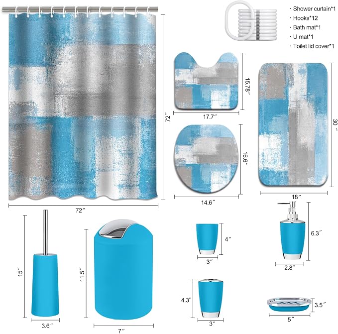 Lnond Blue Bathroom Set, 23-Piece Blue Grey Abstract Bathroom Decor Set with with Shower Curtain and Rugs, Trash Can, Toilet Brush Holder Set & Soap Dispenser