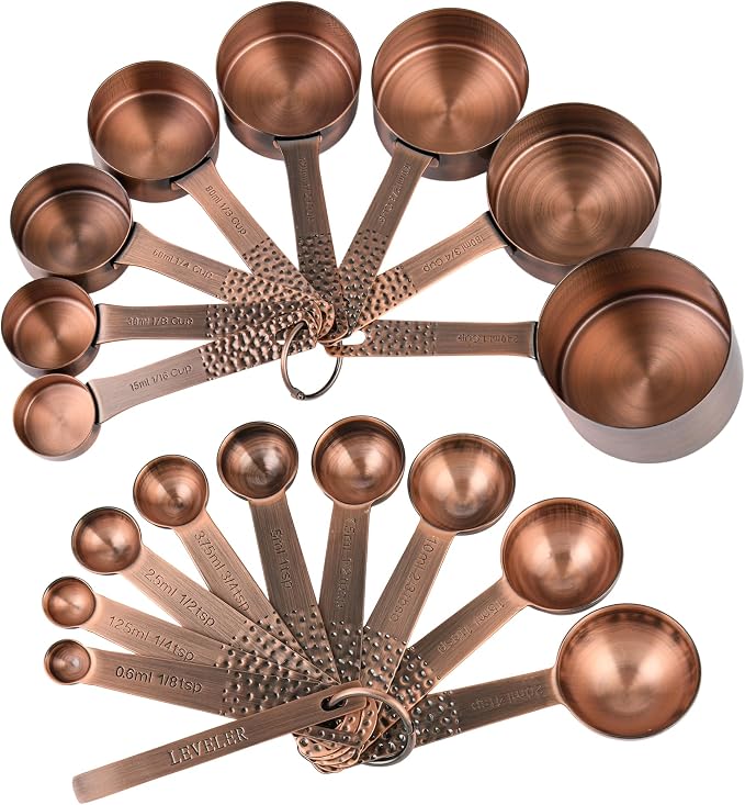 Copper Measuring Cups and Spoons Set, Stainless Steel Measuring Cups Spoons, Metal Metric & US 8 Measure Cup, 9 Kicthen Measure Spoons & Leveler for Baking & Kitchen
