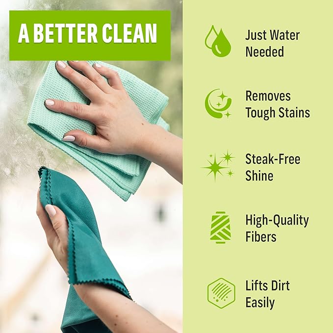 E-Cloth Microfiber Window Cleaning Cloth Kit - Glass Cleaning Cloth for Windows, Mirrors, Cars, Lenses, Eyeglasses, & More, Streak Free Clean, Machine Washable Reusable Towel - Green (2 Kits)