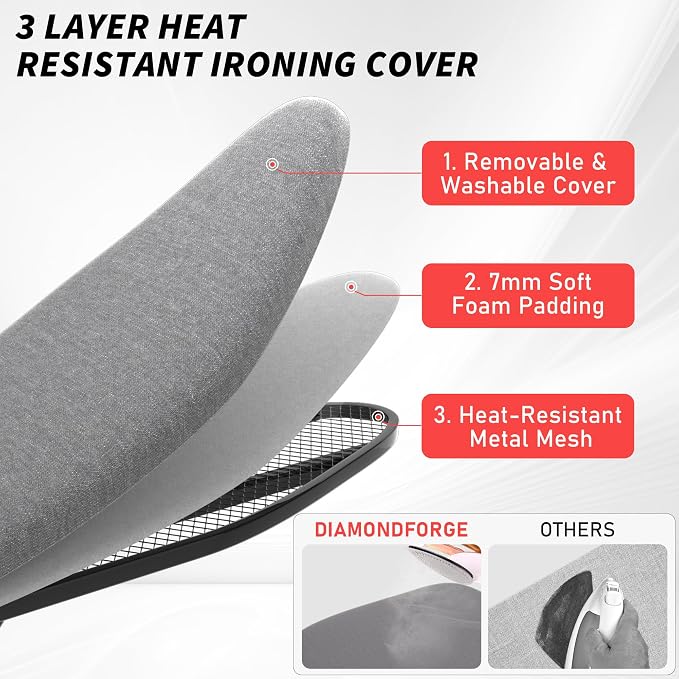 Ironing Board, 43"×13" with Iron Rest, 4 Layer 7 Adjustable Height & Sturdy | Iron Board with Bulit-in Hook and Hanger Bar, Heat Resistant Cover and Pad for Home Apartment Laundry Room Dorm, Gray