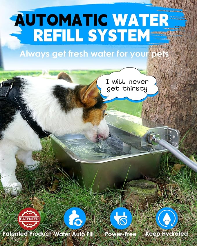 PETIMI Automatic Dog Water Dispenser, 2 Gallons 304 Stainless Steel Dog Water Bowl for Indoor/Outdoor, Large Water Bowl for Pets & Livestock, Anti Tip, Wide Mouth, Water Auto Fill, Fit GHT 3/4" Faucet