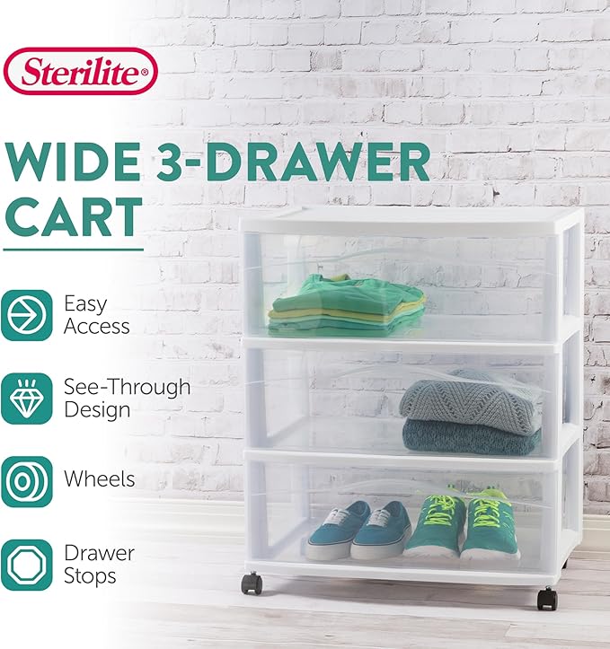Sterilite 3 Pack Wide 3 Drawer Storage Cart, Plastic Organizer with Wheels, White - Multipurpose Bin for Clothes, Accessories, or Home Accessories