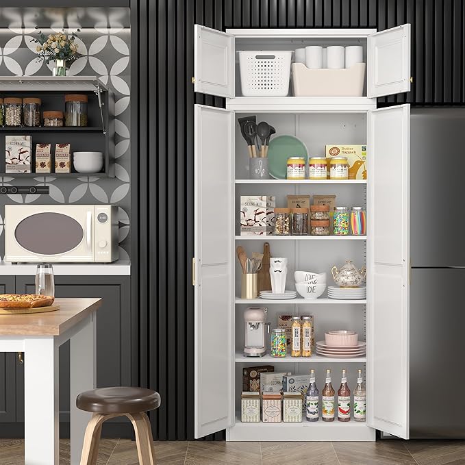 Steeloong 86"Metal Pantry Storage Cabinet with Doors & 4 Adjustable Shelves | Kitchen Pantry Cabinet,White Kitchen Cabinet with 4 Gold Handles,Tall Cabinet for Livingroom,Pantry, Bathroom,Kitchen,Garage
