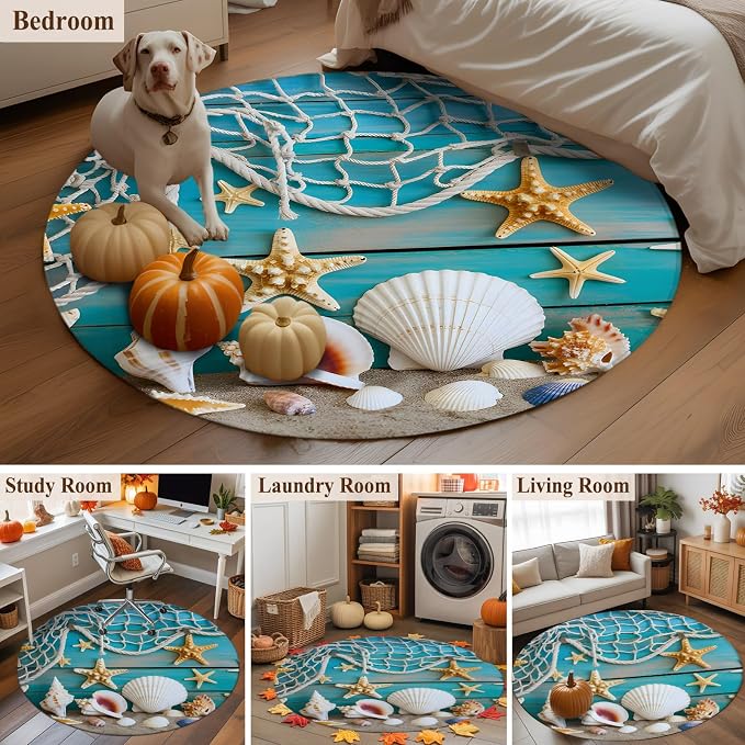 7 Ft Round Rug for Dining Table, Beach Starfish Indoor Accent Rugs for Living Room, Ocean Conch Fishing Net Blue Wood Grain Decorative Circle Carpet Washable Low Pile Non Slip, Rug for Bedroom/Office