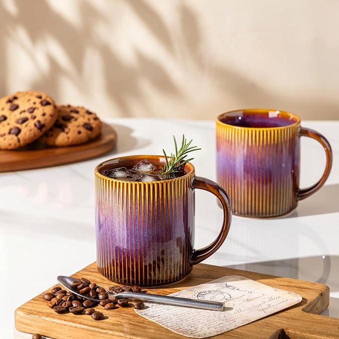 theterra Ceramic Coffee Mugs Set of 6, 14.2oz Handmade Coffee Cups with Handle for Latte, Tea, Milk, Beer, Hot Cocoa, Amber Amethyst