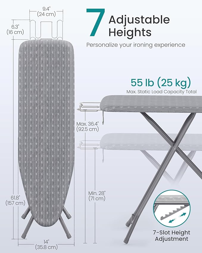 SONGMICS Full Size Ironing Board, Steel Frame with Cover and Sponge Pad, Foldable Standard Ironing Board with Iron Rest, 54 x 14 x 36.6 inches, Gray, Borix Collection ULLB002G101S