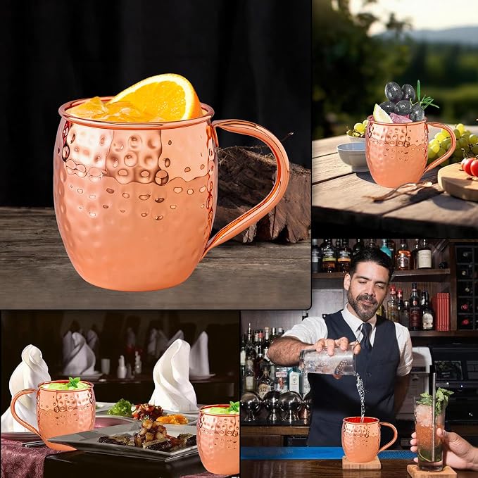 UNISWEET Moscow Mule Copper Mugs-100% Pure Copper Handmade, Classic Welding Handles, 16oz for Drinking, Premium Moscow Mule Copper Cups Set of 4 for Cold Drinks Cocktail Beer Wine Party Bar