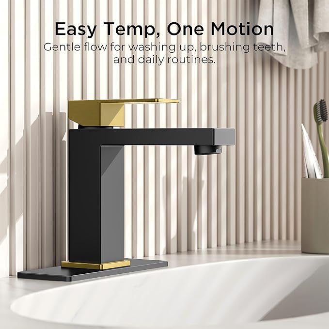 FORIOUS Single Handle Bathroom Faucets Black and Gold, 1or 3 Hole Bathroom Sink Faucet with Pop-up Drain