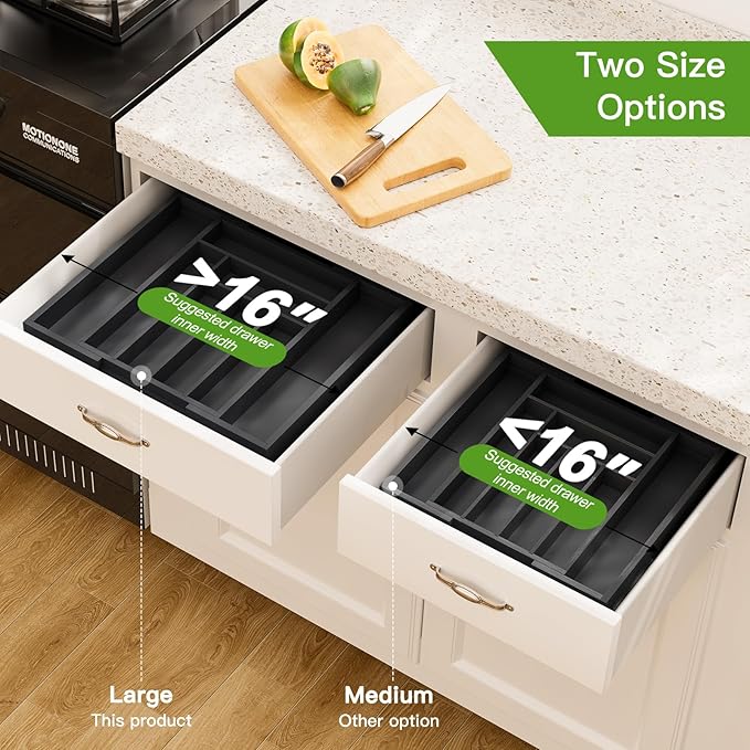 Pipishell Bamboo Expandable Drawer Organizer for Utensils Holder, Adjustable Cutlery Tray, Wood Drawer Dividers Organizer for Silverware, Flatware, Knives in Kitchen, Bedroom, Living Room (Black)