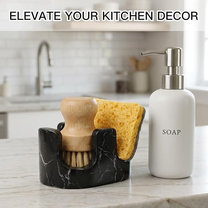 Black Marble Sponge Holder for Kitchen Sink, 2-in-1 Natural Stone Sponge & Brush Holder with Raised Edge, Keeps Countertops Dry, Heavy & Stable, Non-Slip Base, Modern Luxury Kitchen Decor