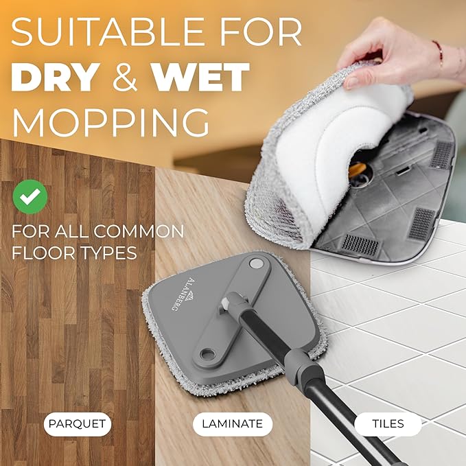 Spin Mop and Bucket Set with Wringer – Dual-Chamber Self Wringing Mop, Flat Microfiber Mop for Hardwood, Tile & Vinyl Floors, 2 Washable Replacement Heads, 63" Handle, Gray