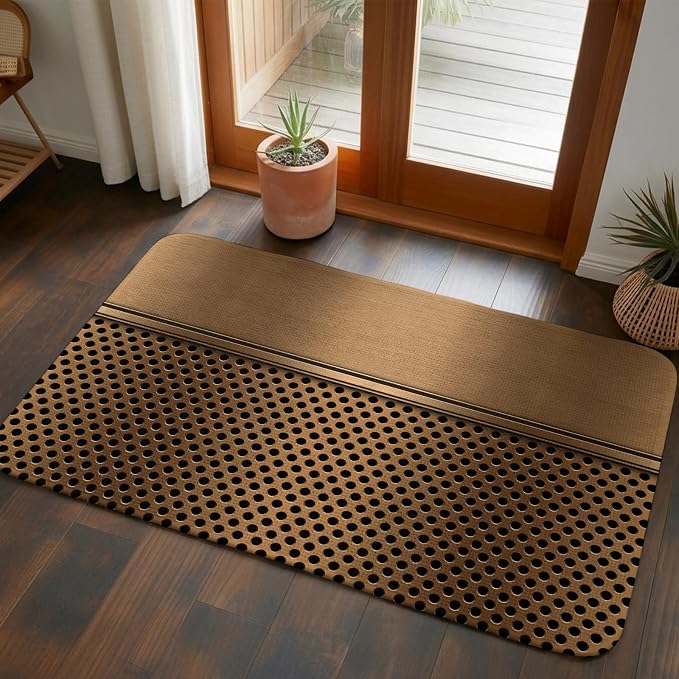Brown Metal Hole Bathroom Rugs Non Slip Washable Bath Mat Absorbent Low Pile Front Door Mat Modern Copper Net Eye Hole Pattern Indoor Doormat for Kitchen Entryway Shower Decor Accessories 19.7"x31.5"