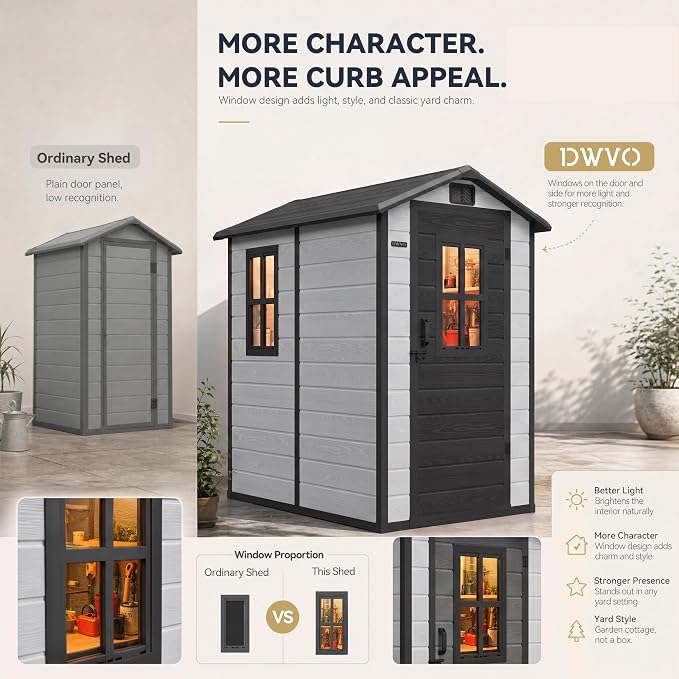 DWVO Outdoor Storage Shed 4.4×6FT, Plastic Garden Shed with 2 Windows | Resin Outdoor Tool Shed with Floor, Door Handle & Lock, Vents for Backyard Patio, Stores Bike Garden Tools, Gray & Black