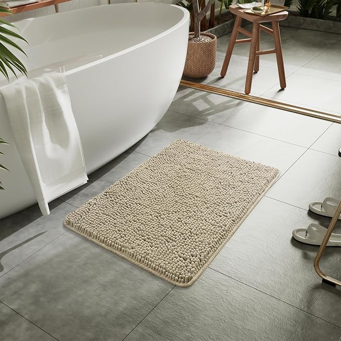 LOCHAS Luxury Bathroom Rug Shaggy Bath Mat 20 x 30 Inch, Beige | Washable Non Slip Bath Rugs for Bathroom Shower, Soft Plush Chenille Absorbent Carpets