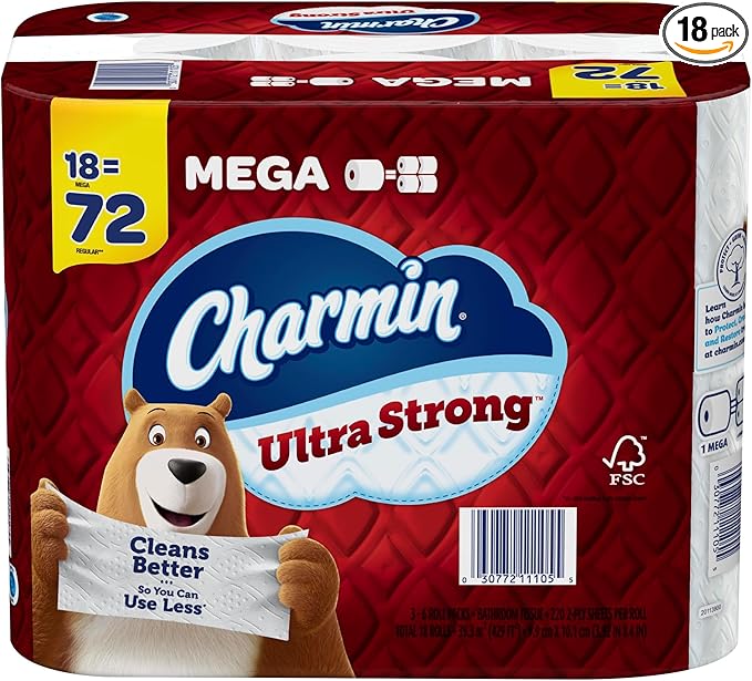 Charmin Ultra Strong Toilet Paper Mega Rolls, 4" x 3-15/16", White, 220 Sheets Per Roll, Pack Of 18 Mega Rolls