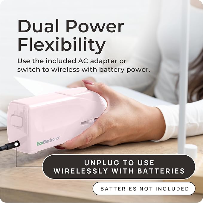 EcoElectronix Portable Automatic Electric Stapler Pro - 30 Sheet Capacity, Quiet Operation, Jam-Free and Easy Reload - AC Adapter/Battery Powered (Pink)
