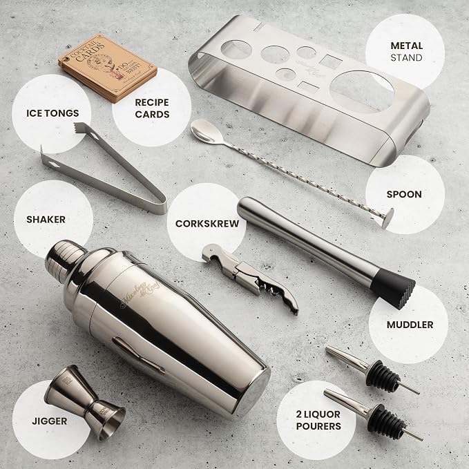 Mixology & Craft Cocktail Shaker Set: Complete Bartender Kit with Metal Stand and Bar Cart Accessories | Includes Exclusive Recipe Cards | Built to Last | Leak-Proof Design