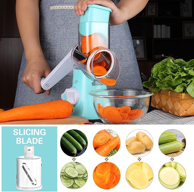 Cambom Rotary Cheese Grater Hand Crank Cheese Shredder for Fresh Cheese, Vegetable, Nuts,Non-slip Suction Base，Three Blades,Blue