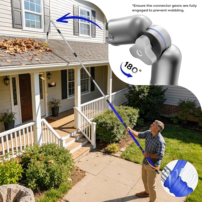 13ft Gutter Cleaning Tools From the Ground, No Ladder Needed, 3-in-1 Gutter Cleaner Pole with Replaceable Brush Rake Scoop, 180° Adjustable Angle for Leaves & Debris Cleaning with Grip Tapes, Blue