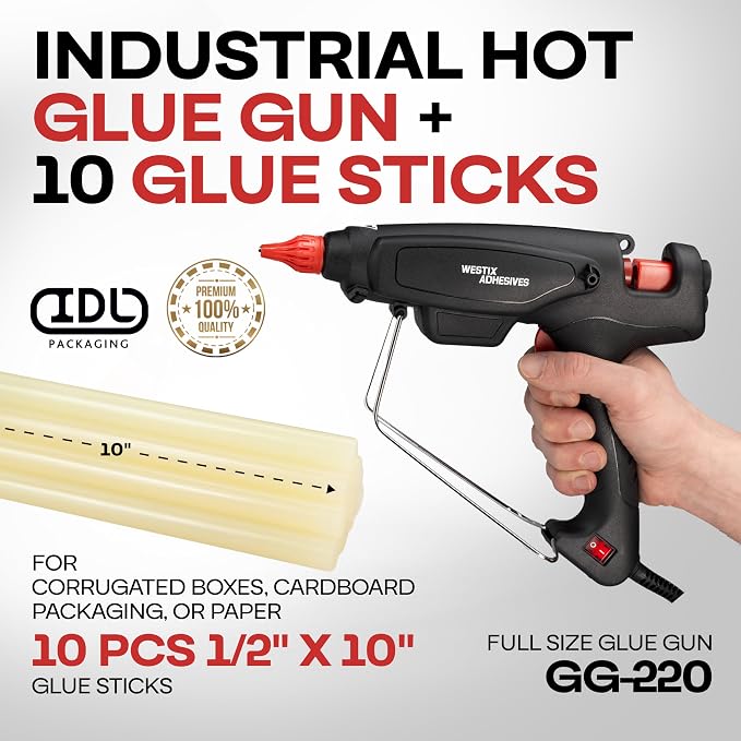 IDL Packaging GG-220 Industrial 200W Hot Glue Gun with 10 pcs Glue Sticks - 1/2" x 10" Full-Size Glue Sticks, Amber - Hot Glue Gun Kit for Corrugated Boxes, Cardboard Packaging, or Paper