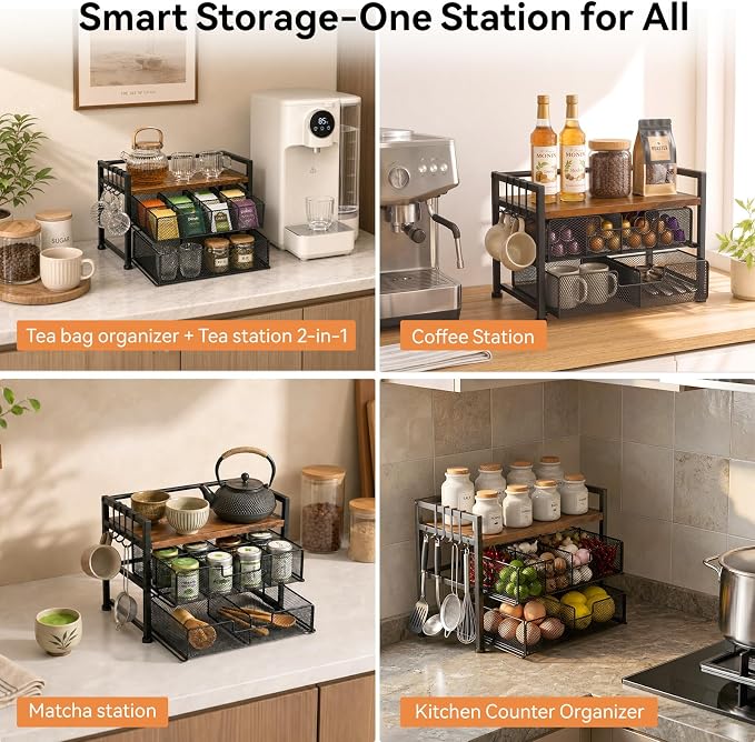 Beslands Tea Bag Organizer & Coffee Station, Matcha Kit Storage, 2 Drawers Tea Bar Tea Box Kitchen Shelf for Countertop, Teabag holder with 4 Hooks, Matcha Tea Station