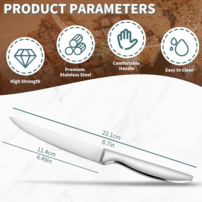 SuperCook Steak Knives Set of 12, Stainless Steel, High End, Serrated, Dishwasher Safe, Silver