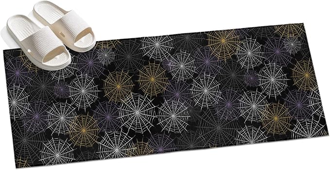 Hallway Runner Rug 2'x6', Black Halloween Washable Bathroom Area Rugs for Kitchen Bedroom Laundry, Purple White Yellow Net Classic Black Non Slip Door Mat Indoor Entrance Floor Throw Bedsides Carpet