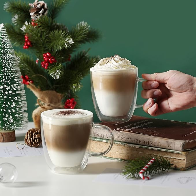 CNGLASS Glass Coffee Mugs 12oz,Double Walled Insulated Cappuccino Mug with Handle,Clear Espresso Cups for Cappuccino,Latte,Tea Bags,Hot and Cold Beverages,Set of 4