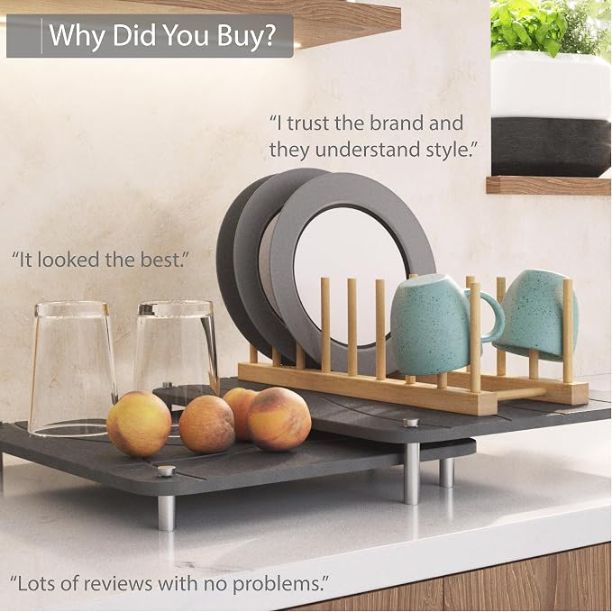 Nested Dish Drying Stone Mat with Bamboo Rack | Large 16"x12" Dish Drying Mat plus 13"x12" Diatomaceous Earth Stone Mat | Expands to 29” x 12” | Premium Stone Mat for Kitchen Counter (Dark Gray)