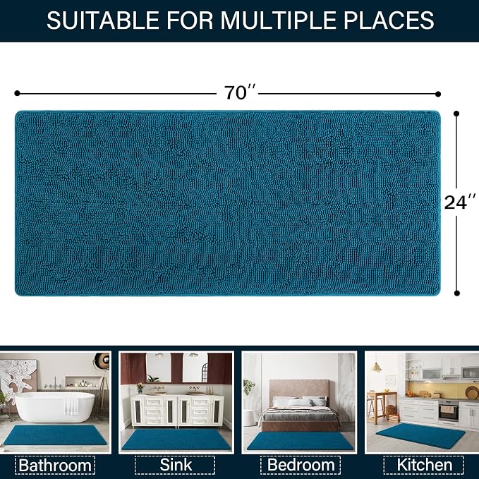 LOCHAS Luxury Bathroom Rug Shaggy Bath Mat 24 x 70 Inch, Peacock Blue | Washable Non Slip Bath Rugs for Bathroom Shower, Soft Plush Chenille Absorbent Carpets