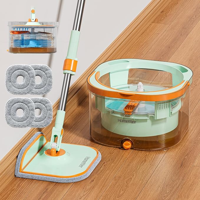 HoMettler Transparent Mop and Bucket Set | Spin Mop with Dual-Tank Clean/Dirty Water Separation | 4 Microfiber Pads | Versatile Mops for Floor Deep-Cleaning