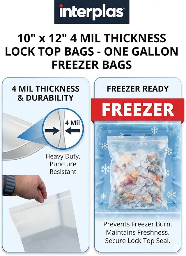 Freezer Bags Gallon size,4 Mil Heavy-Duty Zip Lock Bags for Food Storage, Leak Resistant, 500 Count Bulk –Clear Plastic Reclosable, ideal for Restaurants, Meal Prep, Catering & Industrial Kitchens