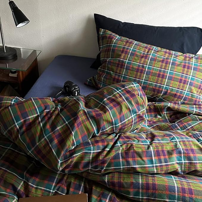 mixinni Buffalo Plaid Duvet Cover Set Twin Size - 100% Washed Cotton 3-Piece Bedding Set for Teen Boys Girls, Multicolor Retro Grid Design, Soft Breathable Comforter Cover for Dorm Room-Twin Size