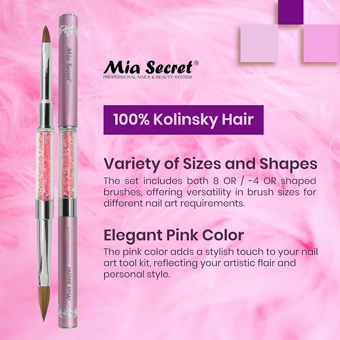Mia Secret PREMIER NAIL BRUSHES 100% Kolinsky Hair MADE IN USA Prenium Nail Art Brushes (Pink, 8 OR / -4 OR)