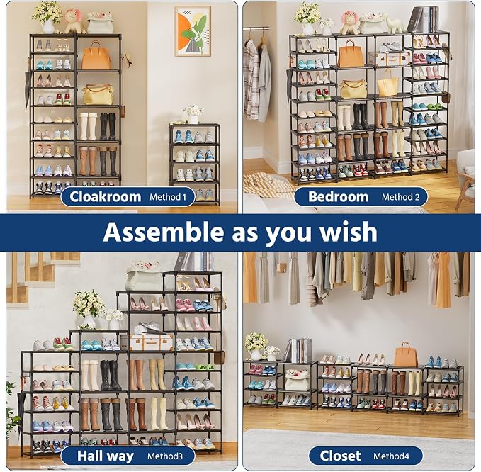 Ekisemio Large Shoe Rack Organizer for Entryway Closet 72-80 Pairs 10-Tier Heavy Duty Tall Garage Shoe Rack Shoe Shelf Shoes Storage with Removable Side Hooks for Bedroom and Garage, Black