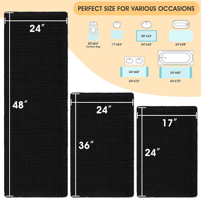 IM HOME Waffle Bath Mat Set 3 Piece Black,Woven Modern Bath Rug Mats, Absorbent Non Slip Bath Floor Mat, Soft Washable Boho Bath Rugs with Tassels for Bathroom, Bedroom, Kitchen,Tub